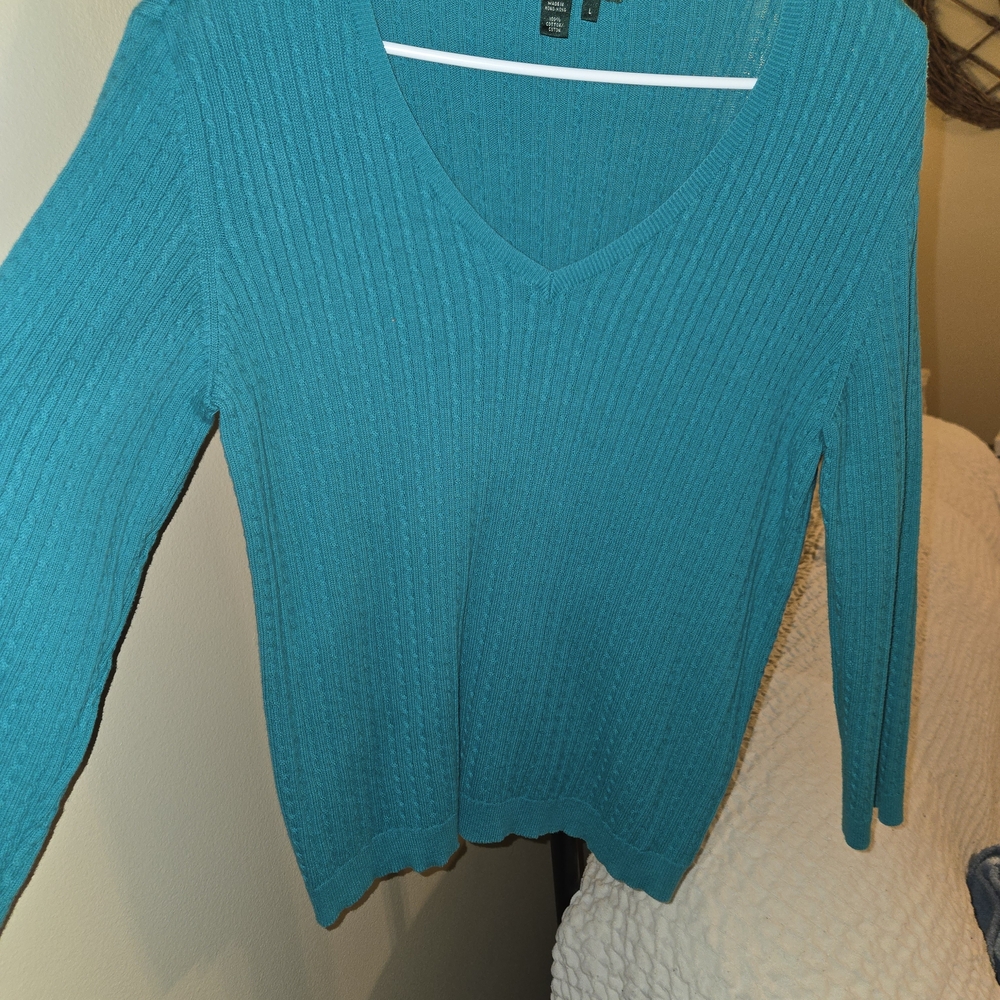 Lauren Ralph Lauren Teal Cable Knit V-Neck Top